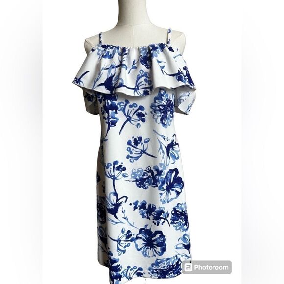 Lauren by Ralph Lauren Size 2 White Dress w/Blue Flowers, off Shoulder Sleeves - Picture 1 of 9